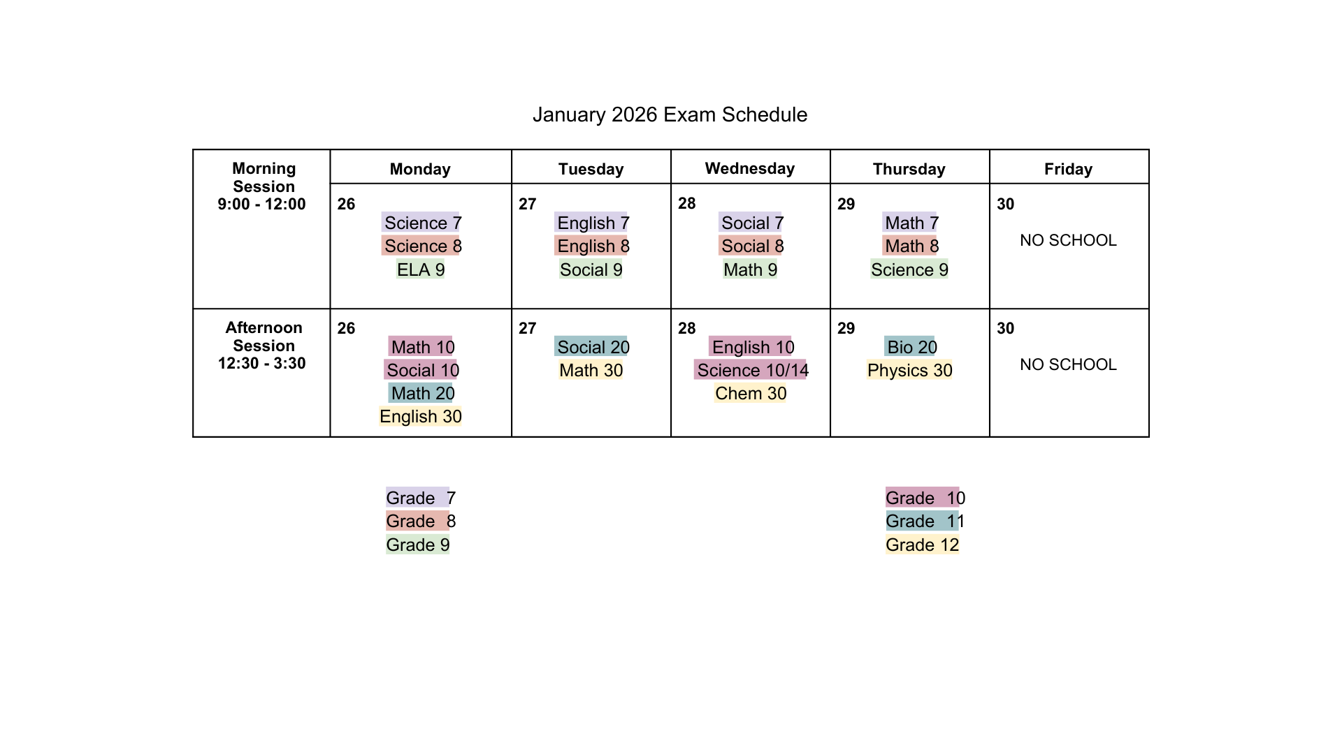 Jan 2026 Exam Schedule